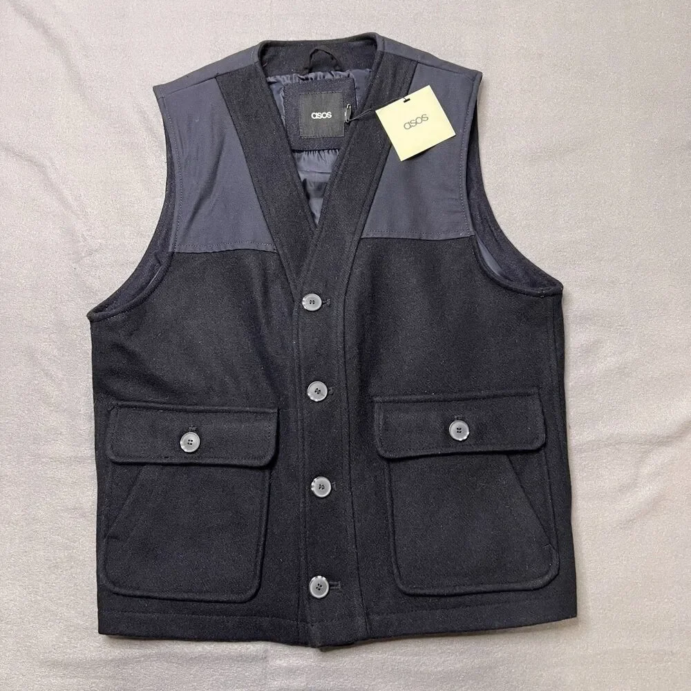 ASOS Vest Men's Medium Black Wool Blend Sleeveless Classic Outdoor Button Front - Picture 1 of 11